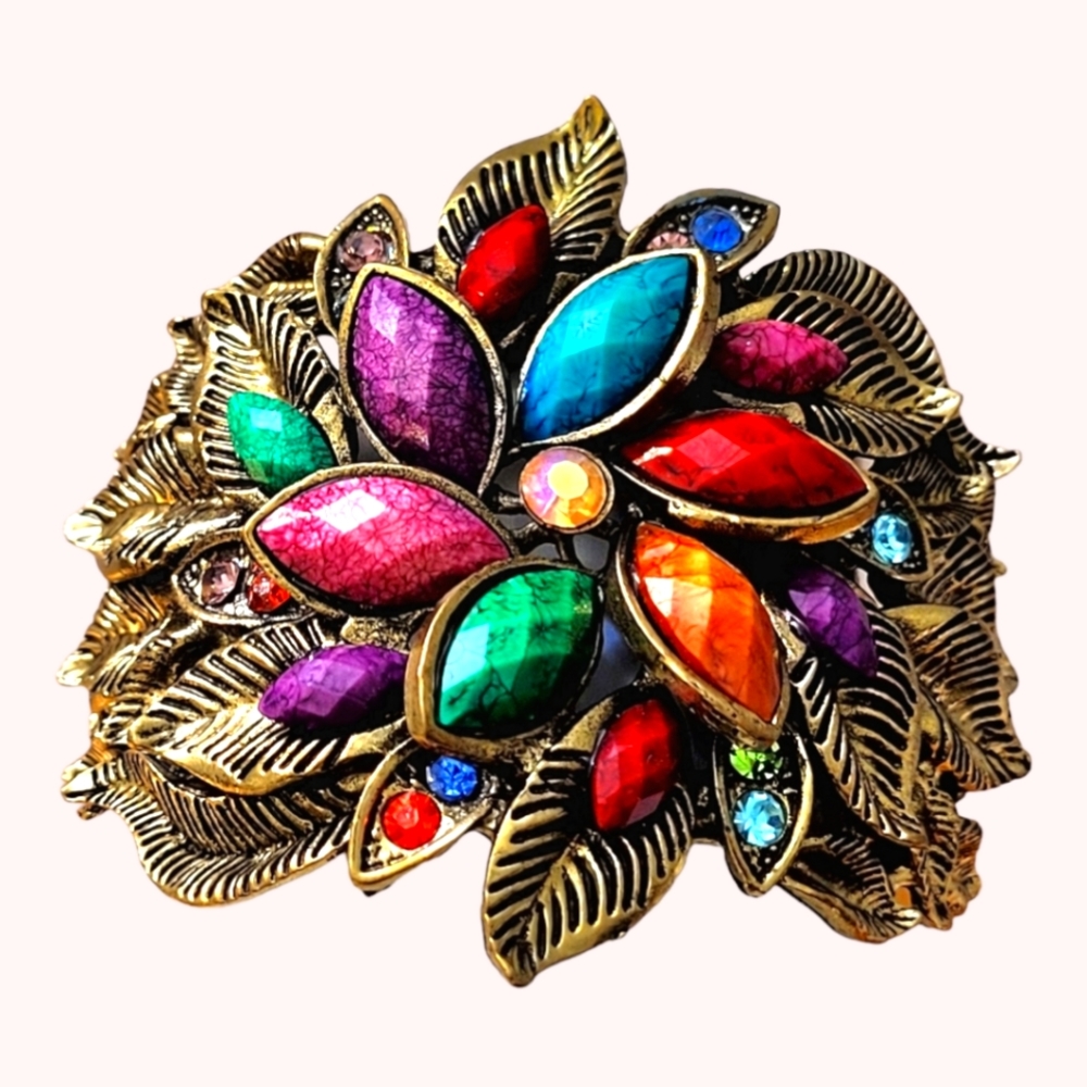 Cuff Bracelet brass metal base with colorful Rehninstones and acrylic stones